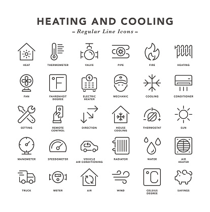 Heating and Cooling - Regular Line Icons - Vector EPS 10 File, Pixel Perfect 30 Icons
