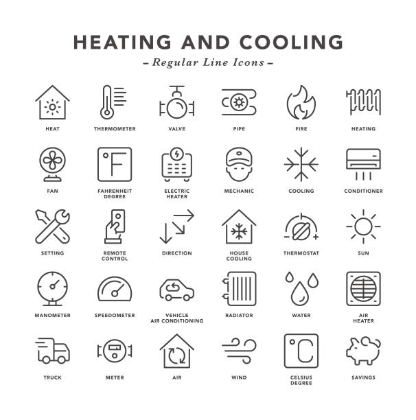Heating and Cooling - Regular Line Icons Heating and Cooling - Regular Line Icons - Vector EPS 10 File, Pixel Perfect 30 Icons home heating stock illustrations
