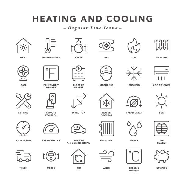 Heating and Cooling - Regular Line Icons Heating and Cooling - Regular Line Icons - Vector EPS 10 File, Pixel Perfect 30 Icons gauge pressure gauge pipe valve stock illustrations