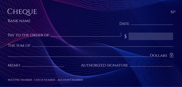 Check, Cheque (Chequebook template). Guilloche pattern Abstract line watermark. Dark blue background  for banknote, money design, currency, bank note, Voucher, Gift certificate, Money coupon tax borders stock illustrations