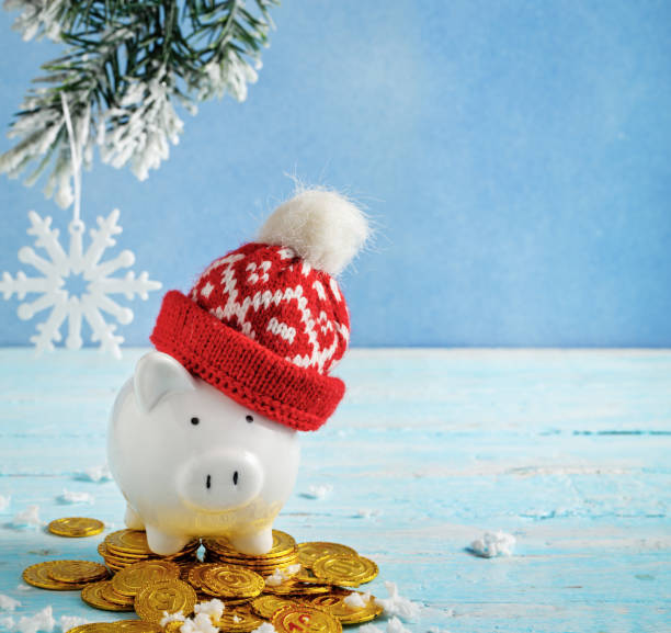 Christmas piggy bank in a hat with coins on blue