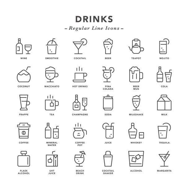 illustrations, cliparts, dessins animés et icônes de boissons - icônes de ligne régulière - drink glass symbol cocktail