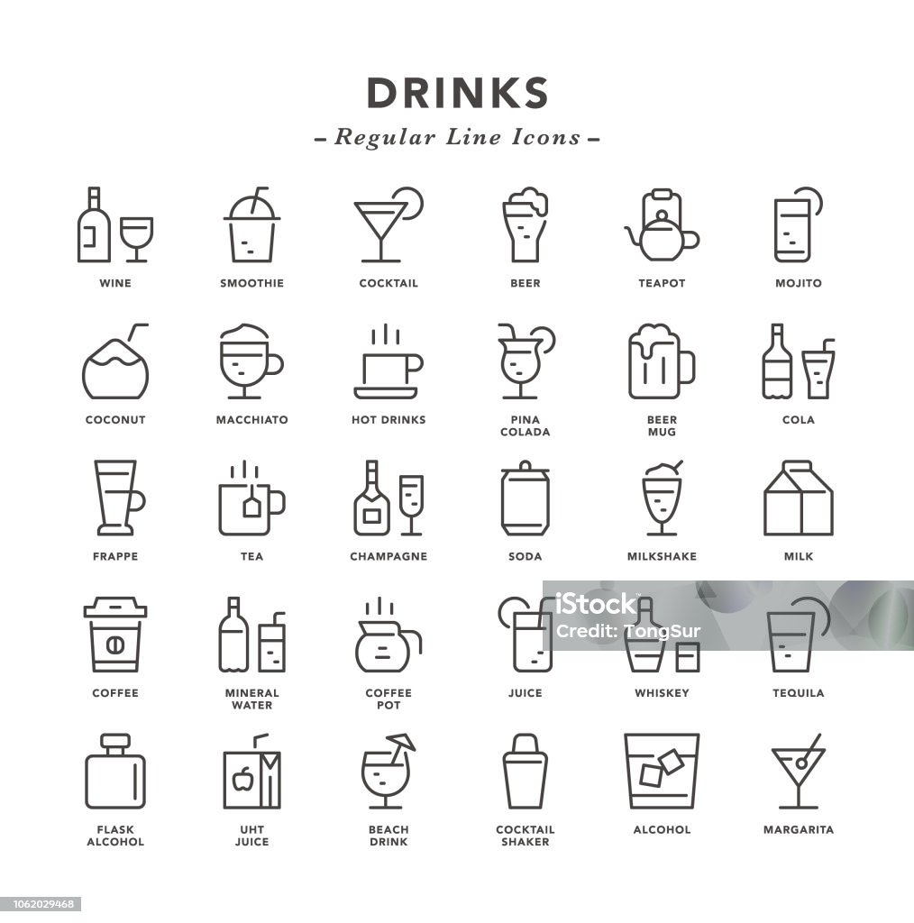 Drinks - Regular Line Icons Drinks - Regular Line Icons - Vector EPS 10 File, Pixel Perfect 30 Icons. Icon Symbol stock vector