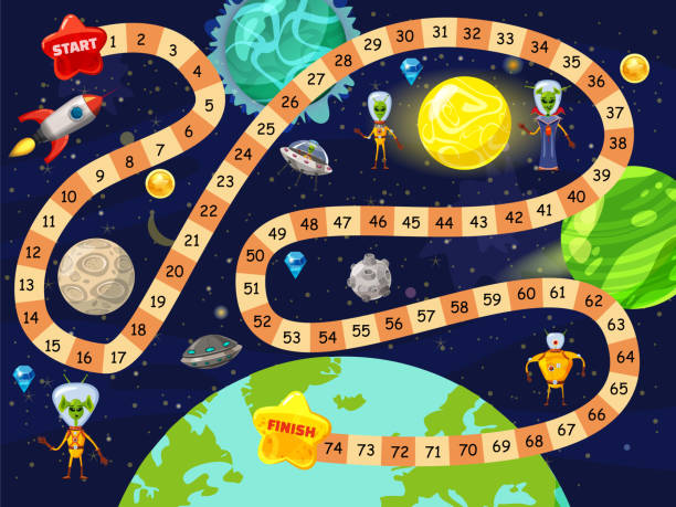 Space board game vector illustration. Rockets UFO and Aliens in space board game strategy kid cartoon design template or racing tabletop game with dice to start and finish route in space planets Space board game vector illustration. Rockets UFO and Aliens in space board game strategy kid astronaut borders stock illustrations
