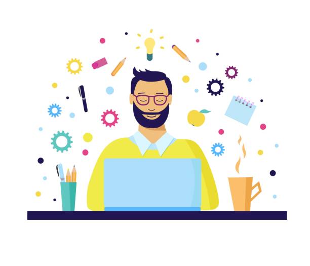 Programmer or project manager or student with laptop Programmer or project manager or student with laptop is studying or thinking about project. Flat style design. Vector illustration. project manager stock illustrations