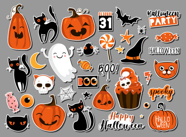 illustrations, cliparts, dessins animés et icônes de ensemble d’halloweeen autocollants, insignes, éléments de scrapbooking. jeu de halloween heureux. halloween party, vecteur eps 10 - animal skull skull halloween backgrounds