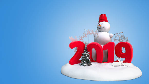 istock new year 2019 snow island with snowman and trees 3d render on blue 1062042412