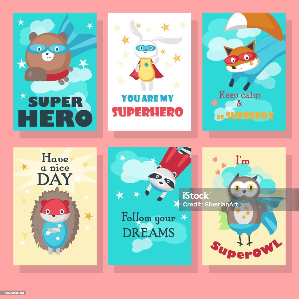 Vector set of cards with cute superhero animals Vector set of cards with cute superhero animals and inspirational quotations. Funny little raccoon fox bear hedgehog owl and rabbit in super hero costumes. Bear stock vector