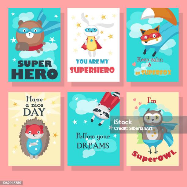 Vector Set Of Cards With Cute Superhero Animals Stock Illustration - Download Image Now - Bear, Militant Groups, Superhero