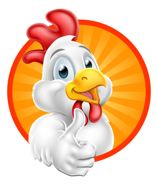 huhn-cartoon-figur daumen aufgeben - chicken poultry cartoon cockerel stock-grafiken, -clipart, -cartoons und -symbole