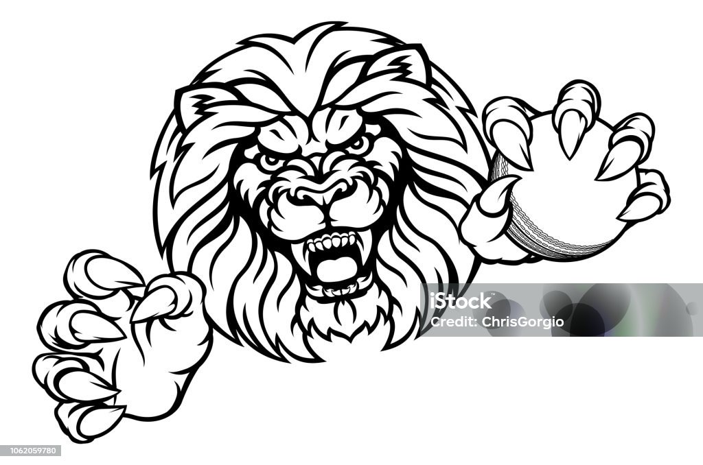 Lion Cricket Ball Sports Mascot A lion angry animal sports mascot holding a cricket ball Anger stock vector