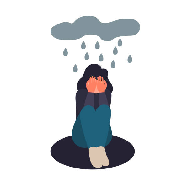 depresja kobieta siedzieć na podłodze. przygnębiona dziewczyna płacze zakrywając twarz rękoma. smutna kobieta płaska postać siedzi w deszczu - floor covering stock illustrations