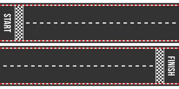 Vector illustration of Karting racing roads. Start and finish lines. Asphalt roads or speedway with marking in top view