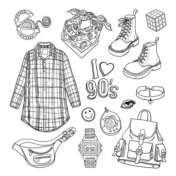 Vector illustration of Sketchy illustration set with nineties fashion items on white