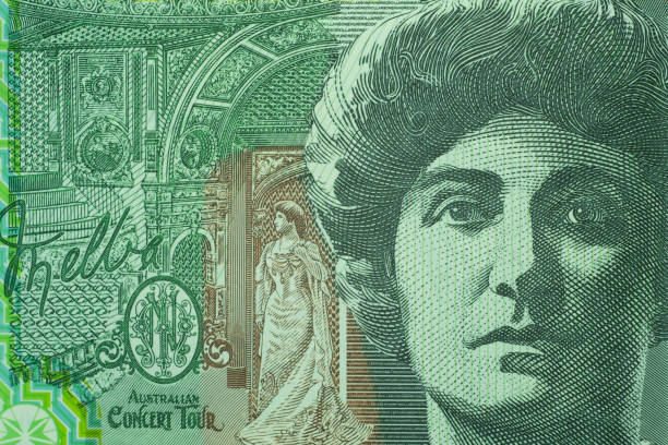 Close up on Australian dollar banknotes. Portrait of Nellie Melba on 100AUD banknotes. Shooting by 1:1 Macro lense for detail of Face, number etc. on banknotes. Close up on Australian dollar banknotes. Portrait of Nellie Melba on 100AUD banknotes. Shooting by 1:1 Macro lense for detail of Face, number etc. on banknotes. new zealand dollar photos stock pictures, royalty-free photos & images