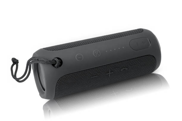 istock Clean black cylinder wireless speaker isolated on white background with Clipping path. 1062067426