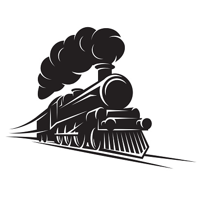 Monochrome pattern for design with retro train on rails. Vector scalable illustration.