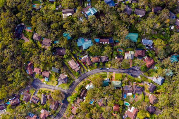 suburbio de sydney perspectiva aérea tejados - tree area fotografías e imágenes de stock