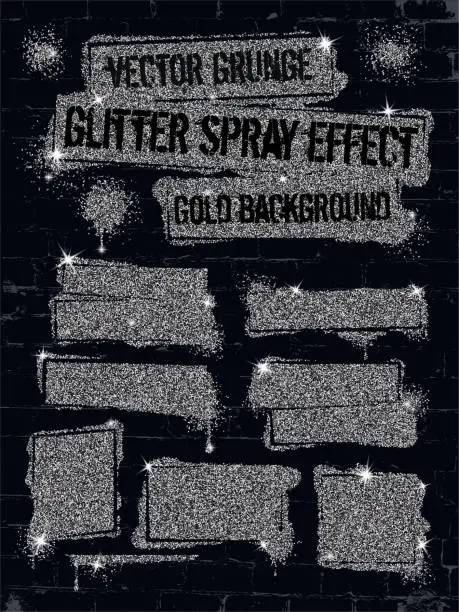 Vector illustration of Various glitter spray paint graffiti on brick wall. Frame with silver sparkles confetti or like glitter gel paint. Shine spray grunge background.