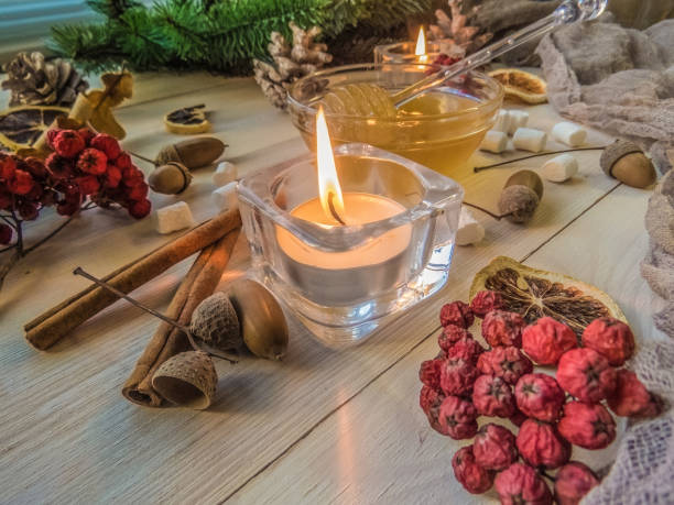 istock autumn still life with honey, Rowan, marshmallows, pine and cones 1062078288