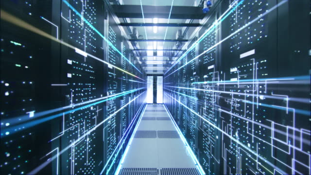 Cinemagraphic Concept of: Activation of Data Center. Animated Digitalization of Information, Energy Lines Fly Through Rack Servers.