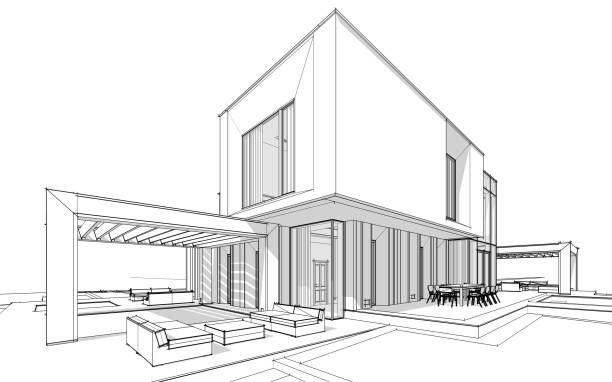 istock 3d rendering sketch of modern cozy house black line sketch. 1062081134