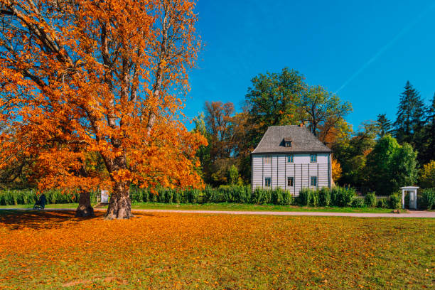 Weimar, Germany - Oktober 10, 2018: Goethe's garden house in autumn, he lived in this building until 1782, and also helped landscape the park. Goethe was one of the key figures of German literature.