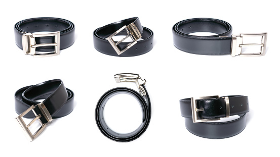 Black leather belt isolated. with six different views on a white background.