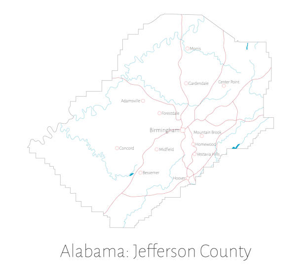 Map of Jefferson county in Alabama Detailed map of Jefferson county in Alabama, USA alabama state map with cities stock illustrations