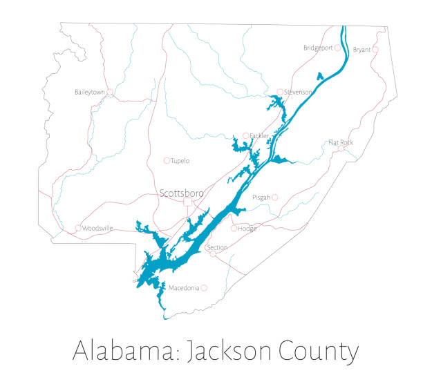 Map of Jackson county in Alabama Detailed map of Jackson county in Alabama, USA alabama state map with cities stock illustrations