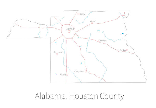 Map of Houston county in Alabama Detailed map of Houston county in Alabama, USA alabama state map with cities stock illustrations