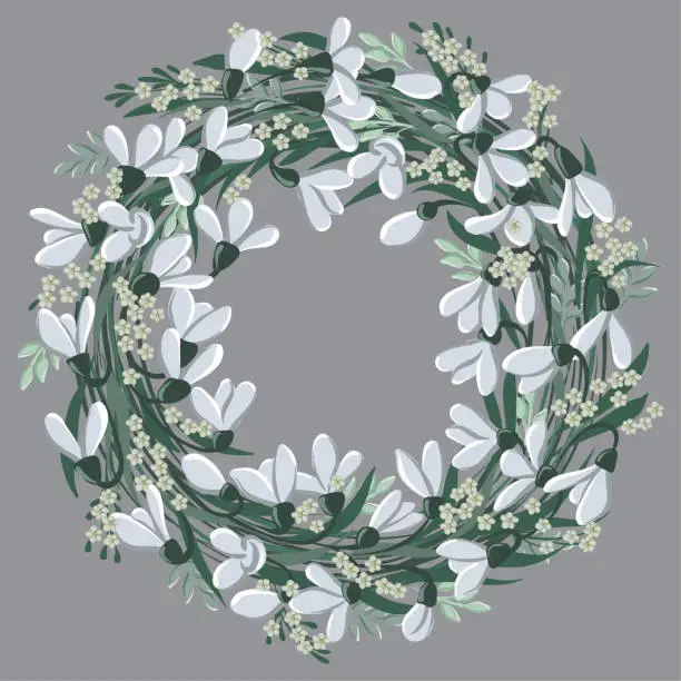 Vector illustration of vector drawings of round wreath with leaves and bellflowers, floral frame