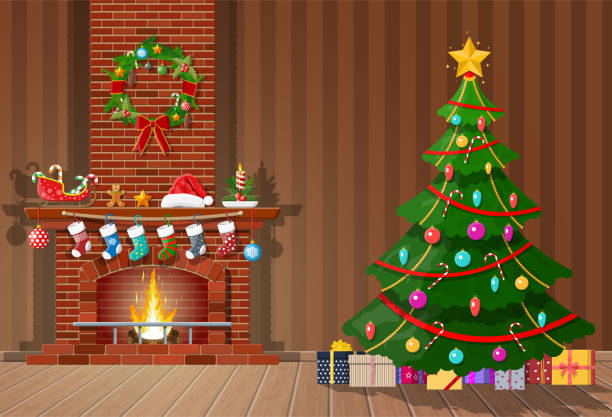 Christmas Interior Of Room Stock Illustration - Download Image Now -  Christmas, Fireplace, Living Room - iStock