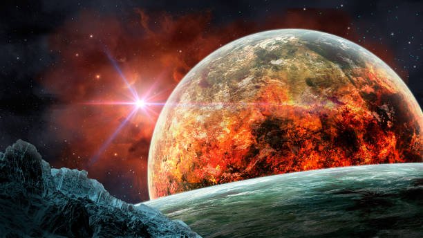 istock Space scene. Red nebula with planet in fire and big asteroid. https://images.nasa.gov/details-sts059-s-026.html https://maps.jpl.nasa.gov/pix/ven0aaa2.jpg 1062109028