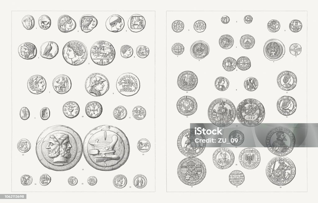 Coins (Antiquity - 17th century), wood engravings, published in 1897 Coins (front and backside). Left side, Antiquity: 1) Aegina, Attica, 510-490 BC, silver, didrachm, turtle; 2) Attica, Athens (490-407 BC), tetradrachm, silver; 3) Thrace, Ainos, c.474/3 - 449/8 BC, tetradrachme, silver; 4) Tetradrachme of Elis, Zeus and eagle, c.400 BC; 5) Decadrachm of Syracuse, Sicily, c.400 BC; 6) Gold stater with portraoit of Phillip II of Macedon, ca. 340 BC; 7) Tetradrachm of Alexander the Great, head of Heracles, Babylon 325 BC; 8) Tetradrachm with the portrait of Bactrian King, Eukratides, circa 170 - 145 BC; 9) Gold Daric of Persian king Darius III, Babylon, c.336-330 BC; 10) Jewish silver shekel, Judaea, Jewish War, 66-77 AD; 11) Denarius, helmeted head of Roma and Castor and Pollux galloped, X=10 Asse; 12) Silver denarius with the portrait of Julius Caesar and Juno with two draft horses, Rome, 44 BC; 13) Cast Roman bronze as with head of Janus and a ship, c.150 BC; 14) Silver quinarius, Roman Republic, after 211 BC; 15) Roman sestertius, helmeted head of Roma and Castor and Pollux galloped, IIS=2,5 Asse; 16) Roman coin, half-length portrait of Emperor Marcus Aurelius, and his co-emperor Lucius Verus, 161-180 BC. Right side, 5th-17th century: 1) Denarius of Charlemagne (768-814), Mainz; 2) Silver coin, Odoacer period (476-493); 3) Denarius of Henry IV (1056-1106), Duisburg; 4) Denarius of Otto III (980-1002); 5) Bracteate of Frederick I (1122-1190); 6) Denarius of Otto I (912-973), Strasbourg; 7) Bracteate of Archbishop Wichmann von Magdeburg (before 1116-1192); 8) Denarius of King Cnut of England (c.995-1035), Oxford; 9) Golden augustalis of Frederick II (1194-1250), Brindisi; 10) Penny (Groschen), Aachen (1492); 11) Silver coin (Teston) of Gian Galeazzo Visconti of Milan (1351-1402) and Ludovico Sforza (1452-1508); 12) Thaler of Sigismund (1427-1496); 13) Thaler of Maximilian I (1459-1519); 14) 3 Gröscher of Duke Albert of Prussia (1490-1568); 15) Quarter thaler of Wallenstein (1626); 16) Thaler, Lübeck (1557). Woodcuts, published 1897. Coin stock illustration