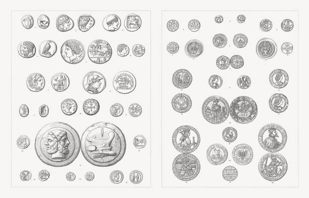 Coins (Antiquity - 17th century), wood engravings, published in 1897 Coins (front and backside). Left side, Antiquity: 1) Aegina, Attica, 510-490 BC, silver, didrachm, turtle; 2) Attica, Athens (490-407 BC), tetradrachm, silver; 3) Thrace, Ainos, c.474/3 - 449/8 BC, tetradrachme, silver; 4) Tetradrachme of Elis, Zeus and eagle, c.400 BC; 5) Decadrachm of Syracuse, Sicily, c.400 BC; 6) Gold stater with portraoit of Phillip II of Macedon, ca. 340 BC; 7) Tetradrachm of Alexander the Great, head of Heracles, Babylon 325 BC; 8) Tetradrachm with the portrait of Bactrian King, Eukratides, circa 170 - 145 BC; 9) Gold Daric of Persian king Darius III, Babylon, c.336-330 BC; 10) Jewish silver shekel, Judaea, Jewish War, 66-77 AD; 11) Denarius, helmeted head of Roma and Castor and Pollux galloped, X=10 Asse; 12) Silver denarius with the portrait of Julius Caesar and Juno with two draft horses, Rome, 44 BC; 13) Cast Roman bronze as with head of Janus and a ship, c.150 BC; 14) Silver quinarius, Roman Republic, after 211 BC; 15) Roman sestertius, helmeted head of Roma and Castor and Pollux galloped, IIS=2,5 Asse; 16) Roman coin, half-length portrait of Emperor Marcus Aurelius, and his co-emperor Lucius Verus, 161-180 BC. Right side, 5th-17th century: 1) Denarius of Charlemagne (768-814), Mainz; 2) Silver coin, Odoacer period (476-493); 3) Denarius of Henry IV (1056-1106), Duisburg; 4) Denarius of Otto III (980-1002); 5) Bracteate of Frederick I (1122-1190); 6) Denarius of Otto I (912-973), Strasbourg; 7) Bracteate of Archbishop Wichmann von Magdeburg (before 1116-1192); 8) Denarius of King Cnut of England (c.995-1035), Oxford; 9) Golden augustalis of Frederick II (1194-1250), Brindisi; 10) Penny (Groschen), Aachen (1492); 11) Silver coin (Teston) of Gian Galeazzo Visconti of Milan (1351-1402) and Ludovico Sforza (1452-1508); 12) Thaler of Sigismund (1427-1496); 13) Thaler of Maximilian I (1459-1519); 14) 3 Gröscher of Duke Albert of Prussia (1490-1568); 15) Quarter thaler of Wallenstein (1626); 16) Thaler, Lübeck (1557). Woodcuts, published 1897. prehistoric turtle stock illustrations