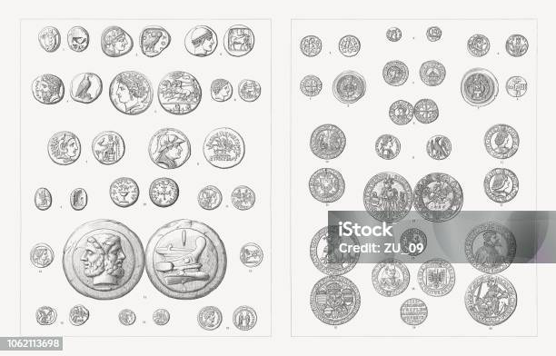 Coins Wood Engravings Published In 1897 Stock Illustration - Download Image Now