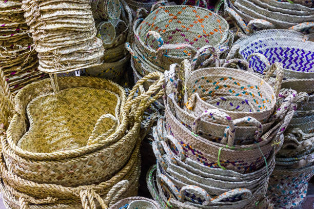 Wicker baskets with colorful patterns in the Eastern market\