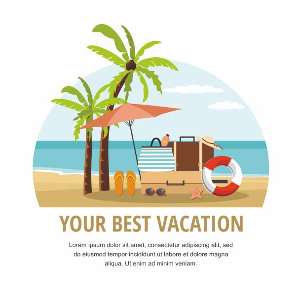 illustrations, cliparts, dessins animés et icônes de arbre du été valise, des accessoires de plage et des palmiers sur la plage. - 3878