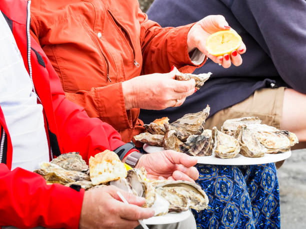 Man and woman eating oysters on white plate lunch time outdoor Man and woman couple eating oysters on white plate lunch time outdoor just closed to the park farm of oysters. Healthy diet food concept cancale photos stock pictures, royalty-free photos & images