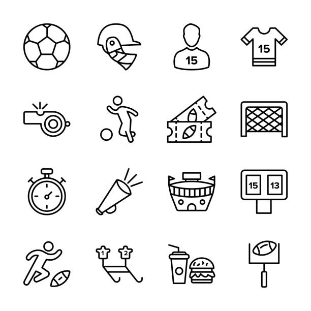 American Football Line Icons Set An exclusive pack of sports equipments line icons throwing light on rugby game held in playground. These icons are representing, helmet, gloves, fast food, goal post, rugby stadium and many sports related visuals.  Avail this pack and use it in sports related field. sport torch stock illustrations