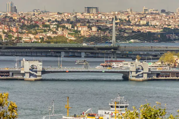 View over the Golden Horn with the Galata Bridge and the AtatÃ¼rk Bridge in Istanbul