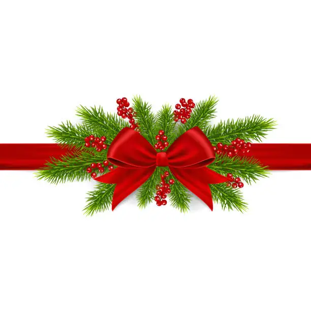 Vector illustration of Christmas decoration with red berries and bow, isolated on white background.