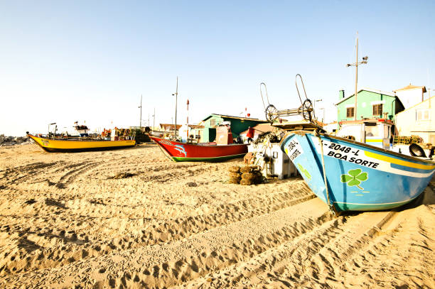 pescherecci (compresi i pescherecci) uno chiamato boa sorte) al tramonto sul mare a a praia dos pescadores de angeiras (la spiaggia dei pescatori ad angeiras), porto - portogallo - sorte foto e immagini stock