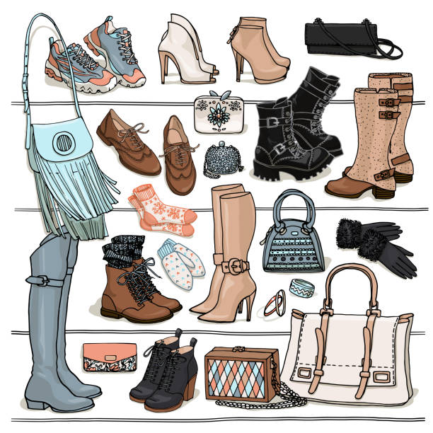 ilustraciones, imágenes clip art, dibujos animados e iconos de stock de dibujo de vector dibujado mano de zapatos, botas, bolsos, guantes, mitones, pulseras. - fashion group of objects shoe boot