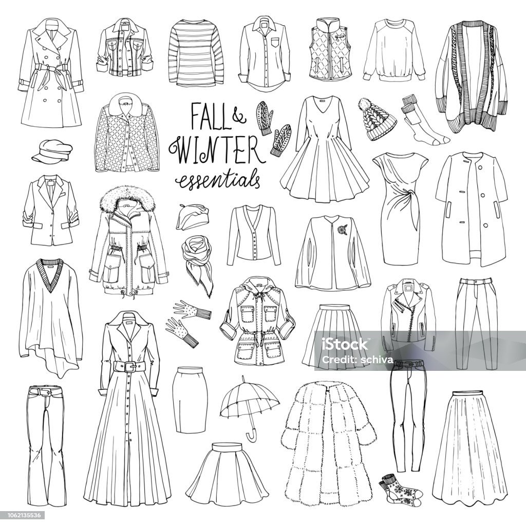 Fall and winter fashion collection of clothes Vector illustration set of women's fall and winter fashion clothes. Coats, dresses, skirts, jackets, trousers, hats, gloves, socks. Black and white sketch. Quilted stock vector