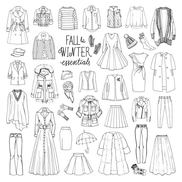 Fall and winter fashion collection of clothes Vector illustration set of women's fall and winter fashion clothes. Coats, dresses, skirts, jackets, trousers, hats, gloves, socks. Black and white sketch. winter fashion collection stock illustrations