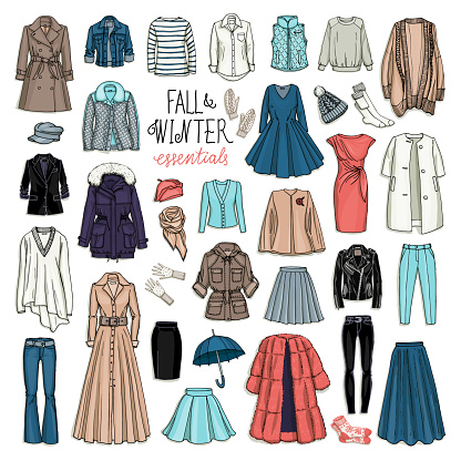 Vector illustration set of women's fall and winter fashion clothes. Coats, dresses, skirts, jackets, trousers, hats, gloves, socks isolated on white.