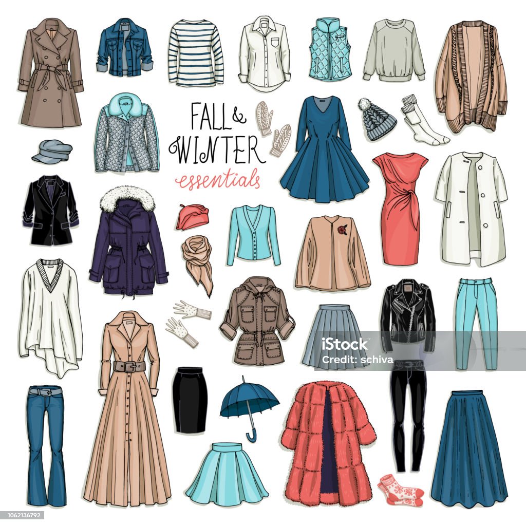 Fall and winter fashion collection of clothes Vector illustration set of women's fall and winter fashion clothes. Coats, dresses, skirts, jackets, trousers, hats, gloves, socks isolated on white. Women stock vector