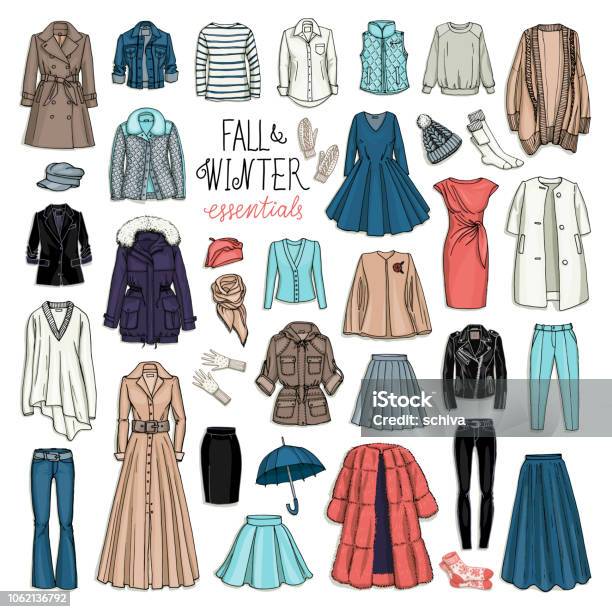 Fall And Winter Fashion Collection Of Clothes Stock Illustration - Download Image Now - Women, Skirt, Jacket